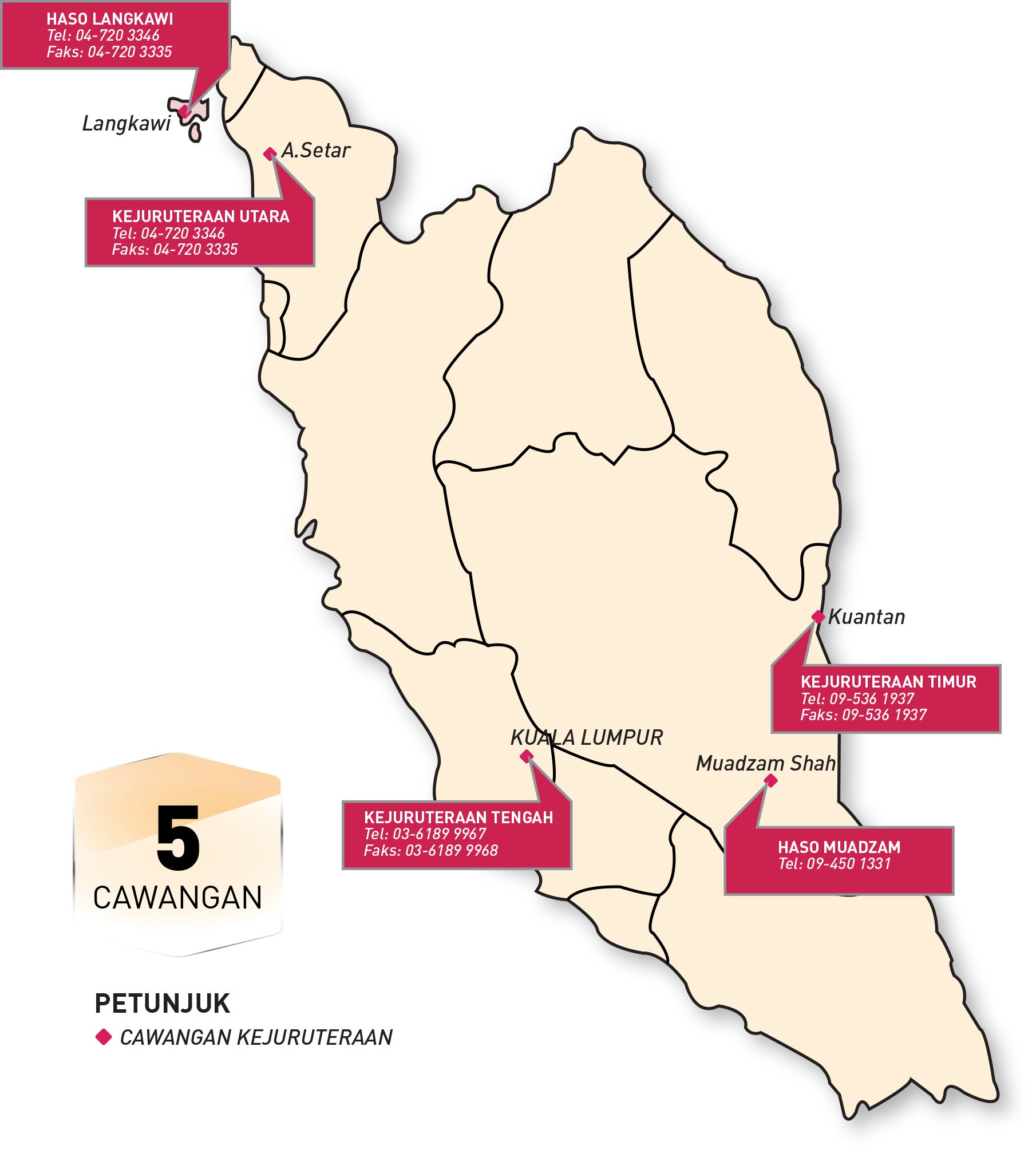 Map showing MARALINER engineering branches across Peninsular Malaysia